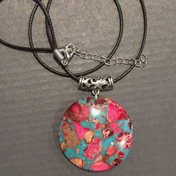 Blue Turquoise Agate Pyrite Pendant on Waxed Necklace w/ Lobster Claw Clasp - Picture 3 of 4